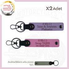 Motor Severlere Özel, Isim Plaka, 0 Rh (-) Kan Grubu Yazılı Özel Tasarım X2 Anahtarlık, Mor-Pembe-Gr