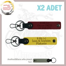 Motor Tutkunlarına Isim Plaka ve B Rh (+) Kan Grubu Yazılı Özel Üretim X2 Anahtarlık, Sarı-Bordo-Gr