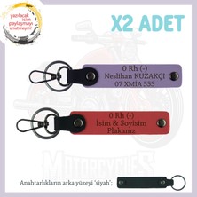 Motosiklete Hediyelik, Isim Plaka ve 0 Rh (-) Kan Grubu, X2' Li Deri Anahtarlık, Nar Çiçeği-Mor-Syh