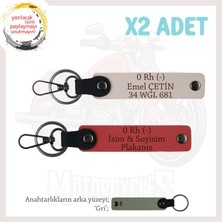 Motor Tutkunlarına Özel, Isim Plaka ve 0 Rh (-) Kan Grubu Yazılı X2 Anahtarlık, Nar Çiçeği-Pudra-Gr