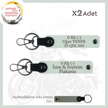 Motor Stiline Uygun Isim Plaka ve 0 - Kan Grubu Yazılı Hediyelik Deri X2 Anahtarlık Seti, Beyaz-Gr