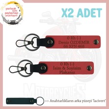 Motor Severlere Özel, Isim Plaka ve 0 Rh (-) Kan Grubu Yazılı Deri X2 Anahtarlık, Nar Çiçeği-Laci