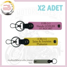 Motosiklete Özel, Isim Plaka ve 0 Rh (+) Kan Grubu Yazılı Acil Durum 2'li Anahtarlık, Sarı-Pembe-Gr