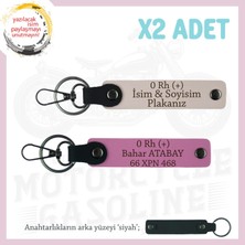 Motor Severlere, Isim Plaka ve 0 + Kan Grubu Yazılı Özel Tasarım Deri X2 Anahtarlık, Pudra-Pembe-Syh