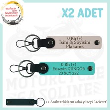 Motorcu Yolculara Özel Isim Plaka, 0 Rh (+) Kan Grubu Yazılı Deri X2 Anahtarlık, Pudra-Turkuaz-Laci