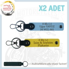 Hız Severlere Özel, Isim Plaka ve 0 Rh (+) Kan Grubu Yazılı Deri X2' Li Anahtarlık, Sarı-Mavi-Laci