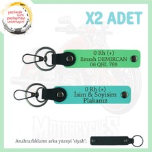 Biker Stiline Özel, Isim Plaka ve 0 Rh (+) Kan Grubu Yazılı Deri X2 Anahtarlık, Turkuaz-F Yeşil-Syh