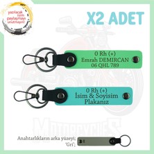 Biker Stiline Özel, Isim Plaka ve 0 Rh (+) Kan Grubu Yazılı Deri X2 Anahtarlık, Turkuaz-F Yeşil-Gr