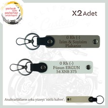 Motorcuya, Isim Plaka ve 0 Rh (-) Kan Grubu Yazılı Hediyelik X2 Anahtarlık Takım, Kül Gri-Beyaz-Sk