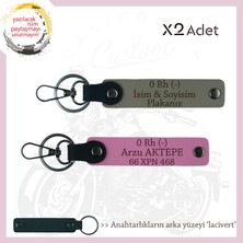 Motorcu Yolculara Özel, Isim Plaka ve 0 Rh (-) Kan Grubu Yazılı X2 Anahtarlık, Kül Gri-Pembe-Laci