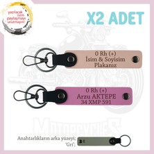 Motorcu Sevgiliye Hediye, Isim Plaka ve 0 Rh (+) Kan Grubu Yazılı X2 Anahtarlık, Yavruağzı-Pembe-Gr