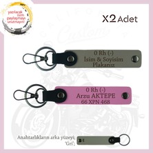 Custom Motorculara Özel, Isim Plaka ve 0 Rh (-) Kan Grubu Yazılı X2 Anahtarlık Set, Kül Gri-Pembe-Gr