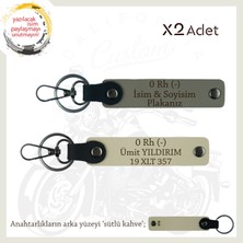 Motor Severlere Özel, Isim Plaka ve 0 Rh (-) Kan Grubu Yazılı X2 Anahtarlık Set, Kül Gri-S Kahve-Sk