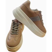 Kadın Spor Ayakkabı Yüksek Taban Sneaker Taş Detaylı Vizon Renk