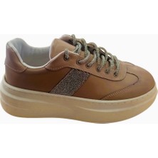 Kadın Spor Ayakkabı Yüksek Taban Sneaker Taş Detaylı Vizon Renk