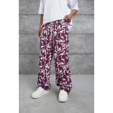 Bordo Kamuflaj Desenli Paça Büzgülü Baggy Eşofman Altı