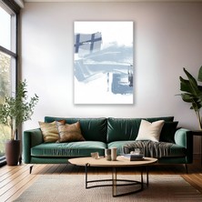 Mavi Beyaz Fırça Darbeleri Cam Tablo Soyut Tasarım Baskı Salon Tablosu