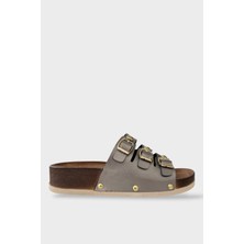 Liger Kadın Günlük Terlik Tokalı Üç Bant Şık Ortopedik Yazlık Ev Plaj Tatil İş Terliği PLATİN