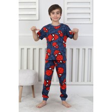 Isob Lacivert Örümcek Adam Desenli %100 Pamuk Kısa Kollu Erkek Çocuk Pijama Takımı 3-8 Yaş 41323-41511-L