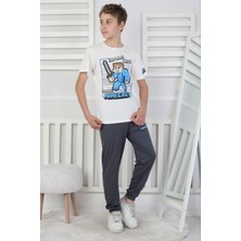 Isob Beyaz Minecraft Desenli %100 Pamuk Kısa Kollu Erkek Çocuk Pijama Takımı 8-13 Yaş 41512-B