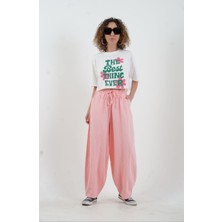 Ekru Best Think Ever Baskılı Crop Tshirt