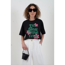 Siyah Best Think Ever Baskılı Crop Tshirt