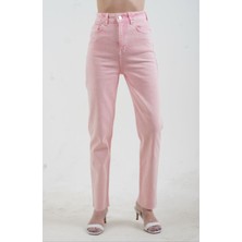 Pembe Paçası Dikişsiz Mom Fit Jean Pantolon
