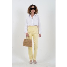 Sarı Paçası Dikişsiz Mom Fit Jean Pantolon