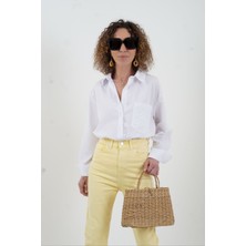 Sarı Paçası Dikişsiz Mom Fit Jean Pantolon