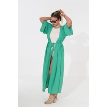 Kadın Yeşil Kimono – Yazlık Hafif Kumaş – Belden Bağlamalı – Standart Beden