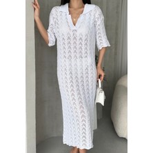 V Yaka Delik Işi Örme %100 Pamuk Kadın Triko Elbise