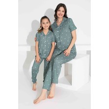 Anne Kız Kombin Kısa Kollu Gömlek Uzun Alt Milan Kumaş Orta Kalın Pijama TAKIMI-2909