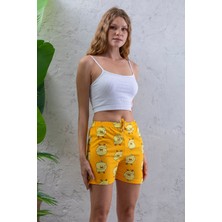 Kadın Beli Lastikli Desenli Şort Pijama Altı Sarı - 2027