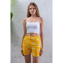 Kadın Beli Lastikli Desenli Şort Pijama Altı Sarı - 2027