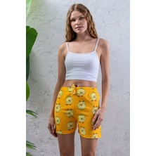 Kadın Beli Lastikli Desenli Şort Pijama Altı Sarı - 2027