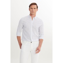 %100 Pamuk Slim Fit Dar Kesim Düğmeli Gömlek Yaka Armürlü Gömlek