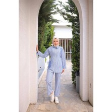 Fermuarlı Çizgi ve Çiçek Desenli İkili Tesettür Kap Spor Takımı - (38-46) - 71269 - Mavi