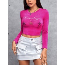 Ithal Y2K Coquette Pembe Uzun Kollu Taşlı Vintage Yazılı Yıldızlı Bluz