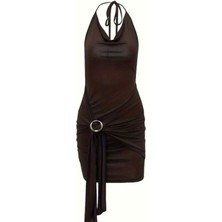 Halter Yaka Drapeli Vücuda Oturan Kahverengi Mini Pinterest Elbise