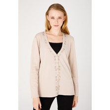 Desen Triko Triko Yakası Renkli Taş Baskılı Ince Dokuma Ceket Vizon