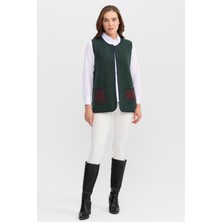 Desen Triko Kadın Sıfır Yaka Su Taşı Boncuk Işlemeli Kısa Yelek Yeşil