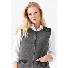 Desen Triko Kadın Sıfır Yaka Omuzu Cep Kapağı Keçeli Işlemeli Düğmeli Yelek Füme