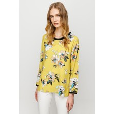 Desen Triko Kadın Sıfır Yaka Renkli Desenli Penye Bluz Sarı