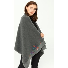 Desen Triko Kadın Çiçek Işlemeli Saf Yün Triko Şal 02421154 Füme