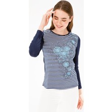 Desen Triko Kadın Çiçek Baskılı Çizgili Penye Bluz 02420841 Lacivert