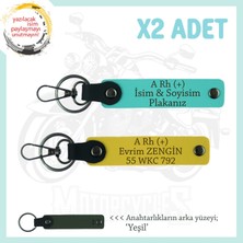 Motor Severlere Isim Plaka ve A Rh (+) Kan Grubu Yazılı Özel Tasarım X2 Anahtarlık, Sarı-Turkuaz-Ysl