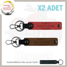 Biker Stiline Özel Isim Plaka ve A Rh (-) Kan Grubu Yazılı Motor X2 Anahtarlık, Nar Çiçeği-Kahve-Syh