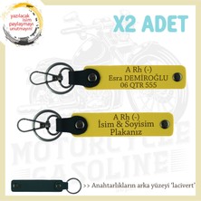 Motorcu Tarzı, Isim Plaka ve A Rh (-) Kan Grubu Yazılı Özel Anlamlı Hediye X2 Anahtarlık, Sarı-Laci