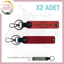 Motorcuya Özel, Isim Plaka ve 0 Rh (+) Kan Grubu Yazılı Deri 2'li Anahtarlık, Nar Çiçeği-Kırmızı-Gr