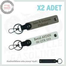 Tüm Sürücüler Için Uygun Özel Isim ve Plaka Yazılı Hediyelik Deri Anahtarlık 2li, Kül Gri-Beyaz-Syh